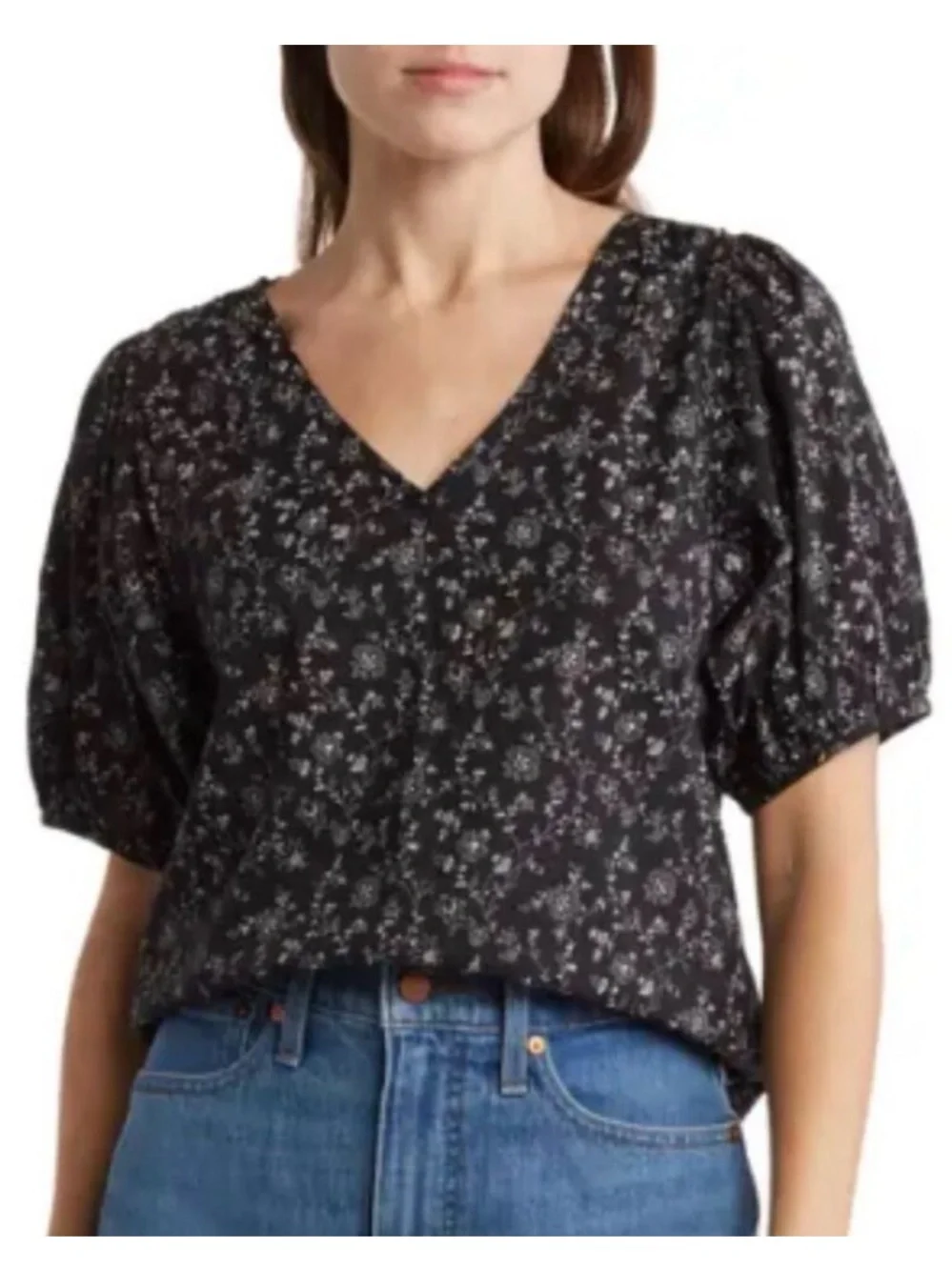 Madewell VNeck Puff Balloon Sleeve Floral Top Styl N3951 Black White Size Medium